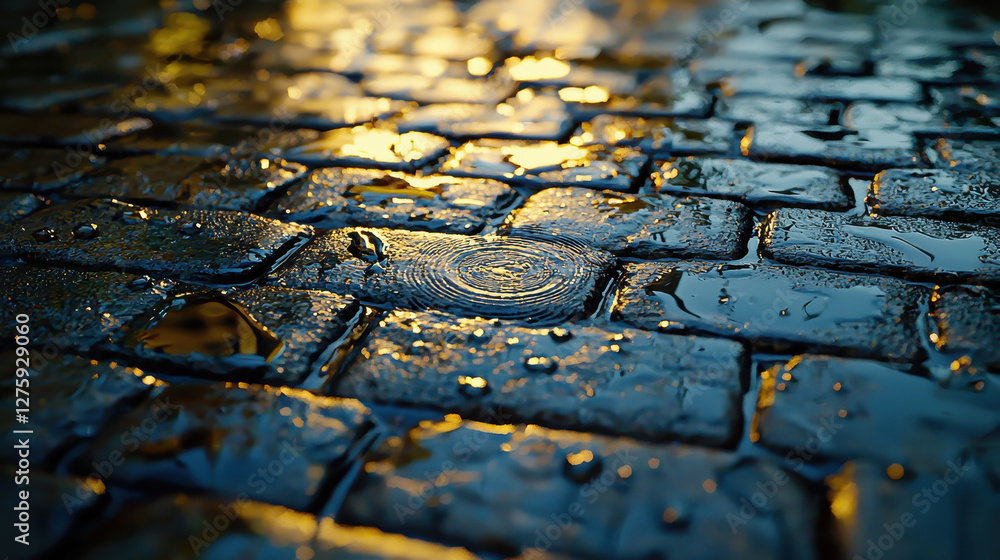 Poster Raindrops create rhythmic patterns on cobblestones in an urban spring setting