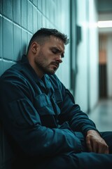 [Man in blue clothes leaning on a wall looking tired]