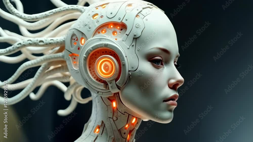 Poster a futuristic humanoid cyborg with a human face and a complex network of circuits and mechanical comp