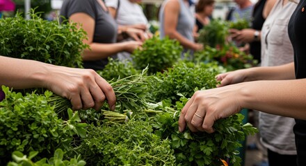 Fresh flowers and herbs on display at a busy farmers market stall