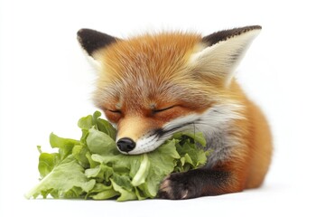 Obraz premium A fox lying down and enjoying a snack of fresh lettuce