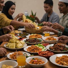 Obraz premium A Muslim family gathers around a table filled with traditional dishes, enjoying a festive meal together in a warm, joyful atmosphere. 