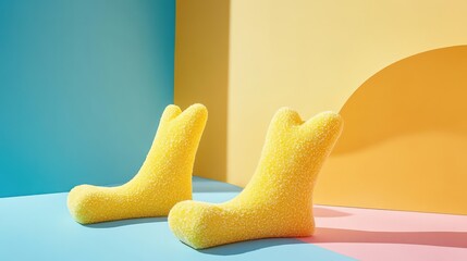 Bright yellow whimsical footwear-shaped objects on a colorful geometric background