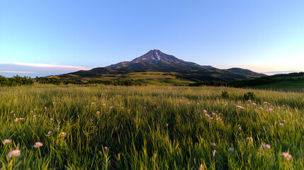 Fototapeta premium Majestic mountain peak at sunset, wildflowers in foreground, serene landscape