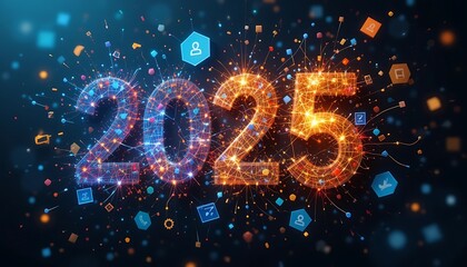 Happy New Year 2025 Futuristic Digital Fireworks Celebration