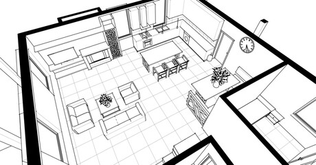 interior kitchen living room 3d illustration