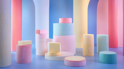 Fototapeta premium Colorful geometric shapes arranged in a vibrant studio setting with soft pastel hues and shadows