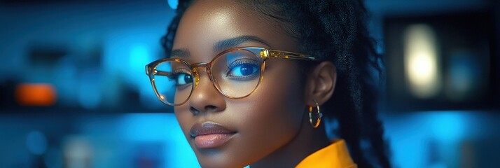 Confident young woman in glasses looks at camera in office at night