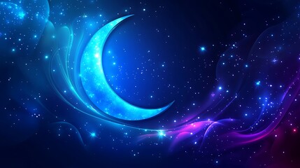 Obraz premium Abstract crescent moon in starry night sky; digital art background; suitable for Ramadan or Islamic celebrations
