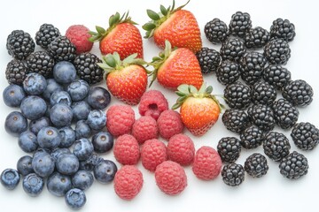 A collection of fresh berries and raspberries arranged on a white background