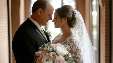 Newlyweds share an intimate moment, foreheads touching, surrounded by a light-filled interior, embracing the start of their marital journey with joy.