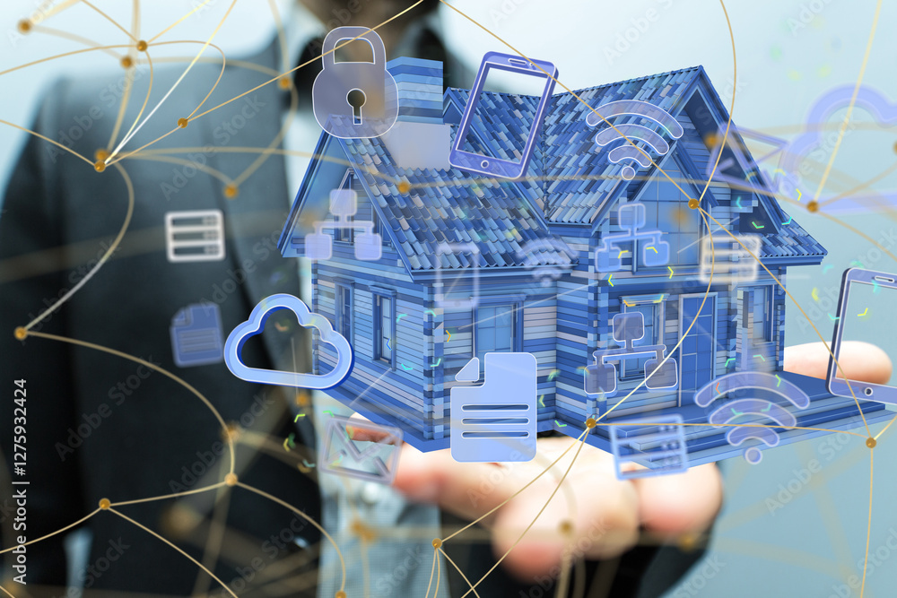 Poster home data. Digital cyberspace with particles and Digital data network connections concept.