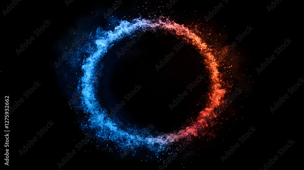 Poster abstract circular image of blue and red exploding powder on black background