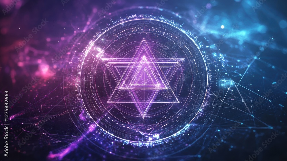 Poster colorful digital art with geometric shapes and cosmic elements creating a mystical atmosphere in a v