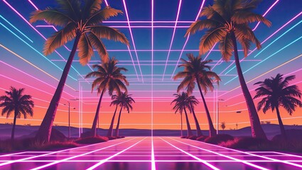 Naklejka premium Retro Neon Palm Sunset for Summer Advertising