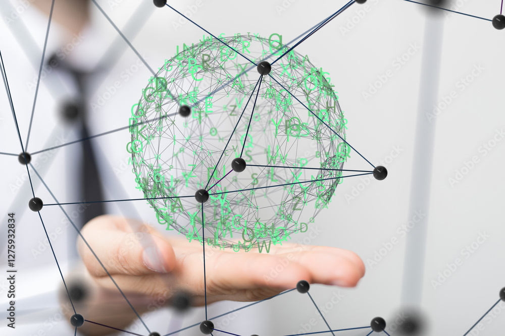 Poster Neural network 3D illustration. Big data and cybersecurity