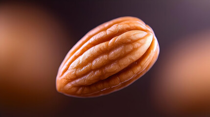 Single almond, floating, brown background, food photography, healthy snack