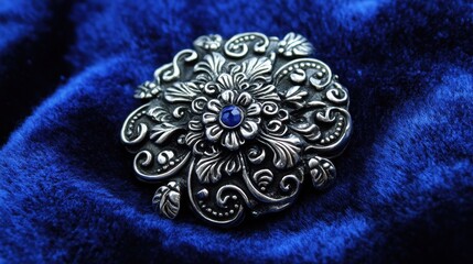 Obraz premium A close-up of an antique silver brooch with intricate details on a deep blue velvet surface