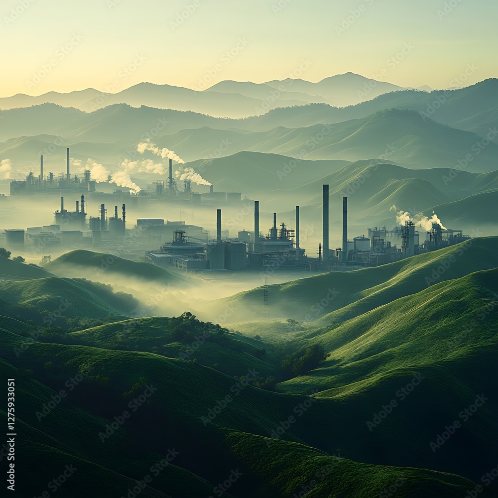 Aufkleber a distant view of a factory complex surrounded by natural landscape, captured in high resolution.