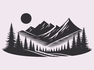 Fototapeta premium Pine Tree Mountain Landscape Silhouette Art for Digital and Home Decor