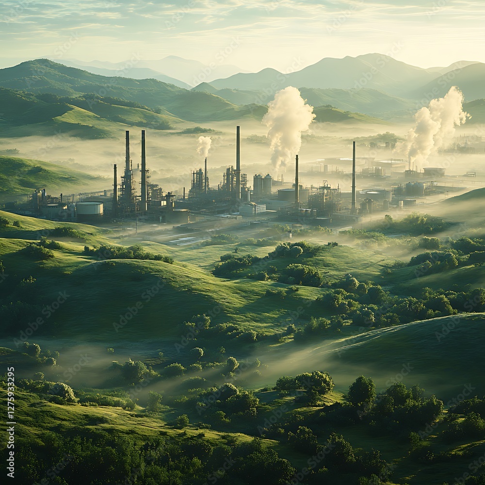 Aufkleber a distant view of a factory complex surrounded by natural elements, showcasing industrial architectu
