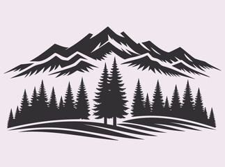 Pine Tree Mountain Landscape Silhouette Art for Digital and Home Decor