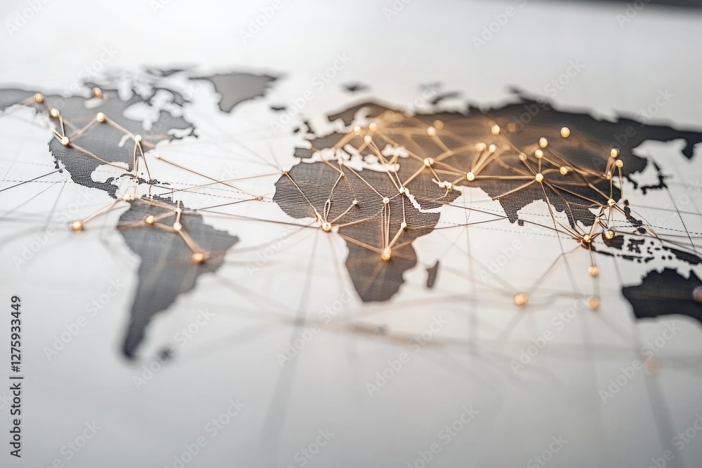 Poster a visual representation of global connections through pins and lines on a world map