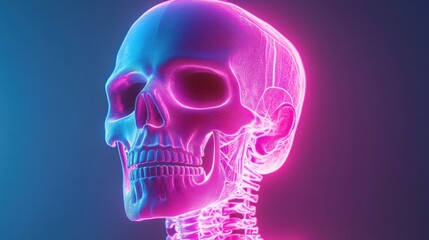 Colorful neon skull illustration, vibrant glowing skull in pink and blue tones, suitable for horror themes or art projects.