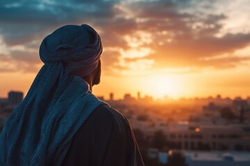 Arab man in traditional clothing gazing at the city skyline during sunset, golden hour glow, copy space for Islamic, Ramadan, and Eid banner or poster