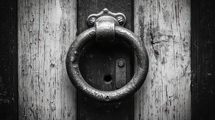Close-up view of vintage door knocker on weathered wooden building entrance