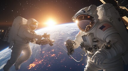 The spaceship's alarm blares as astronauts rush to the airlock. Two astronauts in EVA suits exit the ship, tethered by safety cables, working together to repair a damaged section of the hull.