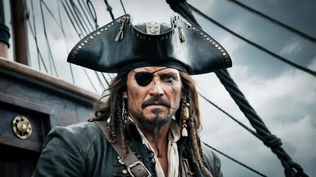 A cinematic-style portrait of a rugged pirate captain on a ship deck, under a cloudy sky, dramatic and adventurous atmosphere