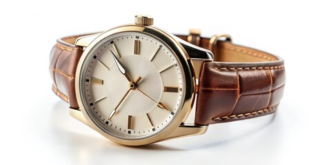 Wristwatch with Brown Leather Strap on White Background