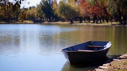 Obraz premium Serene autumn lake scene with small rowboat.