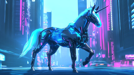 A futuristic unicorn in a neon-lit urban setting, blending technology with mythical beauty.
