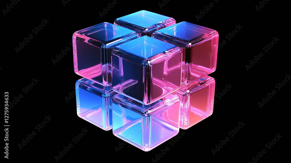 Poster 3d holographic cube shape abstract vector graphic isolated on transparent background. gradient geome
