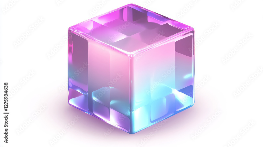 Poster 3d holographic cube shape abstract vector graphic isolated on transparent background. gradient geome