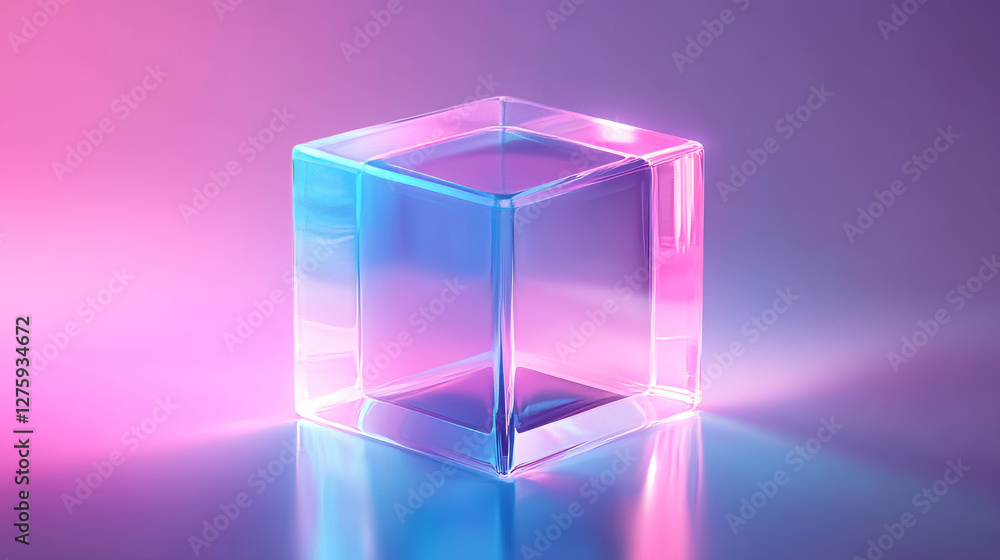 Poster 3d holographic cube shape abstract vector graphic isolated on transparent background. gradient geome
