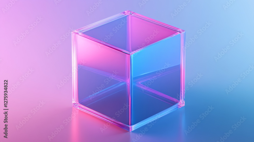Poster 3d holographic cube shape abstract vector graphic isolated on transparent background. gradient geome