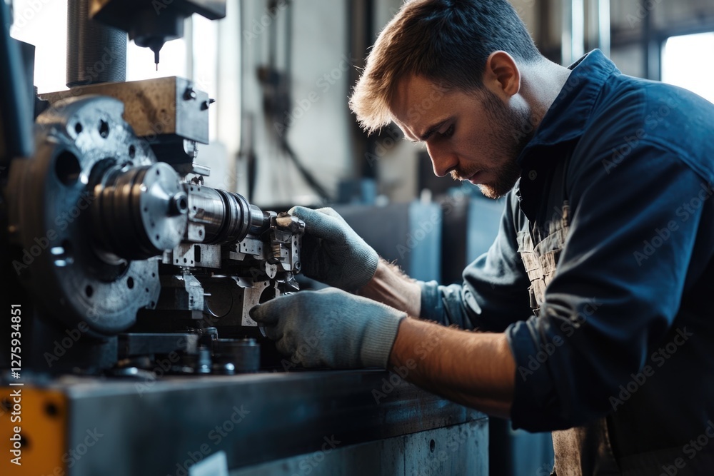 Poster a person working on a machine in a factory, suitable for use in business or industry-related context