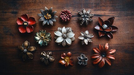 Fototapeta premium A collection of vintage brooches with detailed floral engravings arranged on a wooden surface