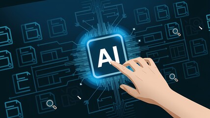 The man is using artificial intelligence to generate text documents and abstract papers by touching an AI icon on an electronic circuit board.