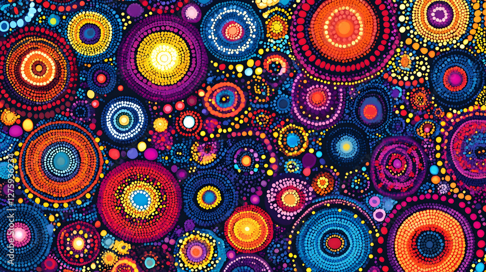Poster vibrant colorful abstract dot painting with multicolored circles and dots pattern