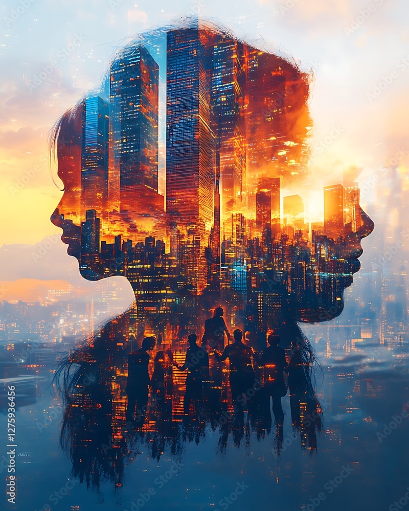Aufkleber creative double exposure image featuring a corporate team engaged in networking activities.