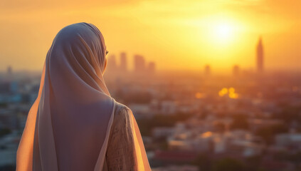 Arab Business woman in traditional clothing gazing at the city skyline during sunset, rear view, golden hour glow, copy space for Islamic, Ramadan, and Eid banner or poster