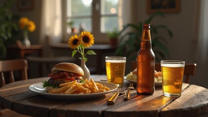  A rustic dining setup for a casual dinner, complete with beer, burgers, fries, sunflower, soft lighting, detailed textures, and an 8k photorealistic finish., ultra detailed, 8k resolution, HDR,