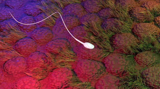 Human sperm swimming above the cilia of fallopian tube