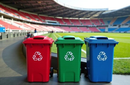 colorful recycle bins  at the stadium in front of the football field