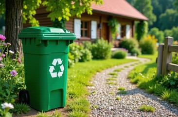 a green garbage bin with an organic waste symbol rests on a stone pathway leading to a rustic wooden cottage.  