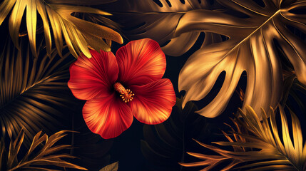 Tropical black gold leaves on dark background vector poster. Beautiful botanical design with golden smear, tropic jungle leaves, exotic red heliconia flower. Wedding invitation card, holiday sale